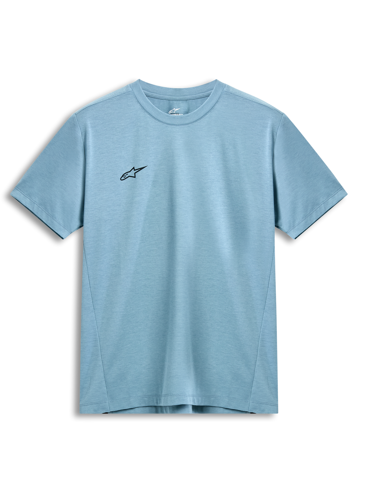 T-shirt Performance Point Alpinestars, t-shirt à manches courtes, bleu glacier, petit logo étoile noir sur la poitrine, col rond, tissu performant et durable évacuant l'humidité, streetwear décontracté