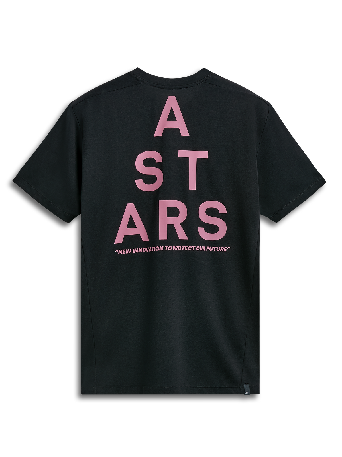 Alpinestars Attrition Performance Tee, t-shirt à manches courtes, noir, vue de dos avec un grand graphique ASTARS rose et le texte « NEW INNOVATION TO PROTECT OUR FUTURE », vêtement de sport technique durable