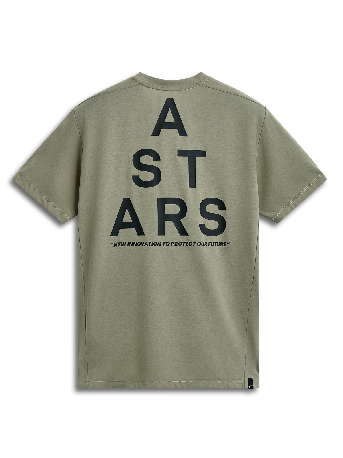 Alpinestars Attrition Performance Tee, t-shirt à manches courtes, vert clair, vue de dos avec grand graphique ASTARS noir superposé et slogan « NEW INNOVATION TO PROTECT OUR FUTURE », vêtement de sport performance décontracté