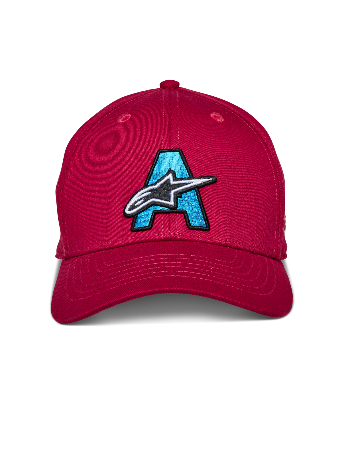 Alpinestars Elemental Hat, Red, Structured curved bill cap featuring a large light blue embroidered 'A' with a white and black Alpinestars star logo on the front, casual motorsport headwear