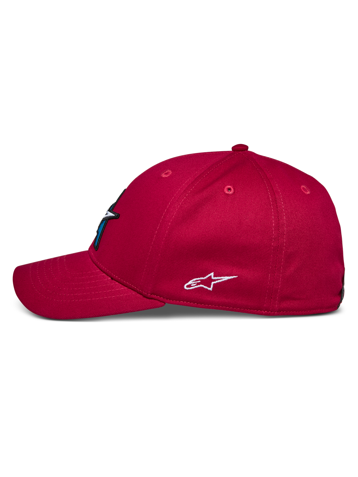 Casquette Alpinestars Elemental, rouge, vue de profil, visière courbée et couronne structurée, logo Alpinestars blanc brodé sur le côté, couvre-chef décontracté inspiré du sport automobile
