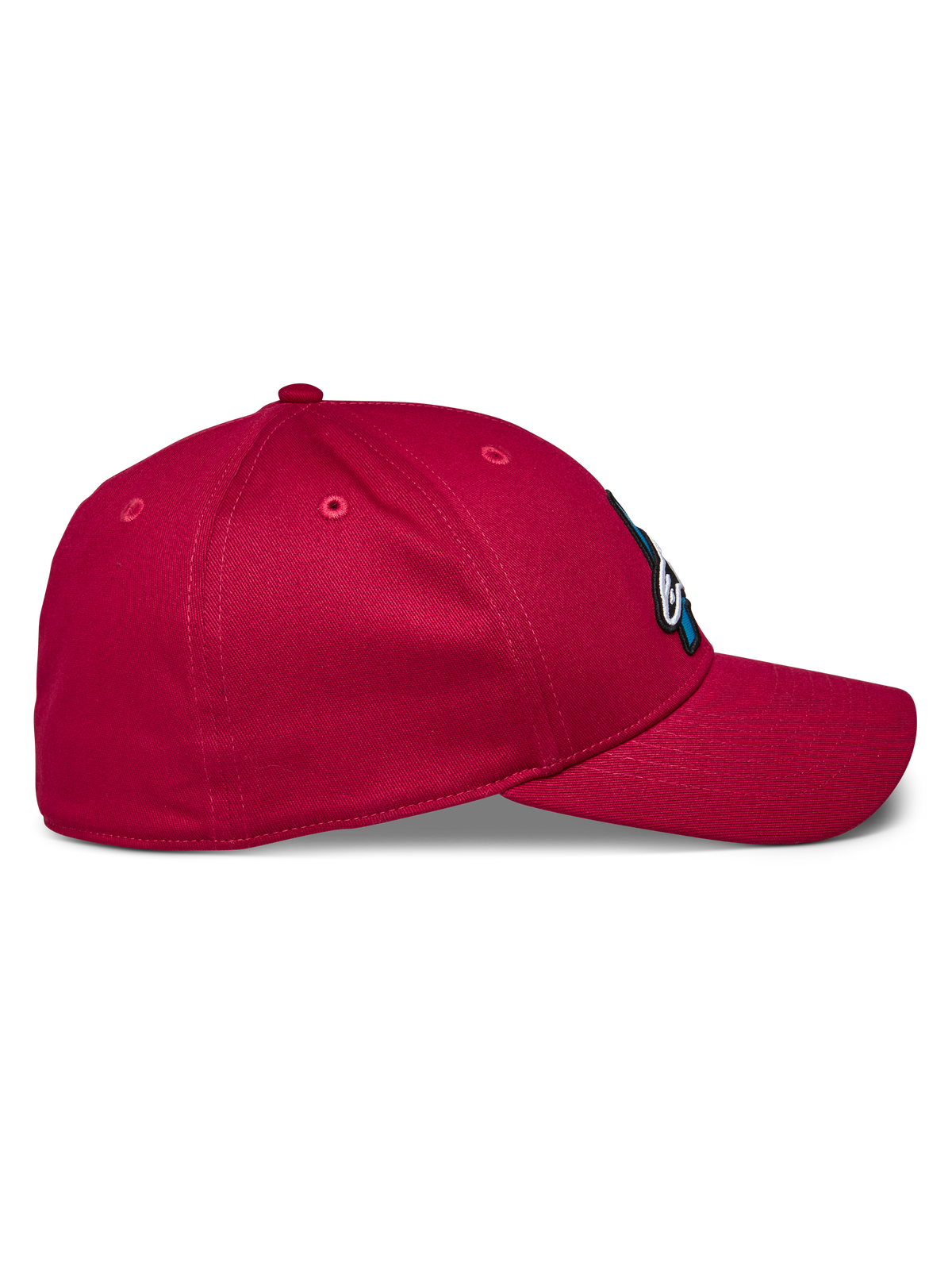 Alpinestars Elemental Hat, Red baseball cap, side profile view showing curved bill and structured crown, stretch twill fabric, casual motorsport sportswear
