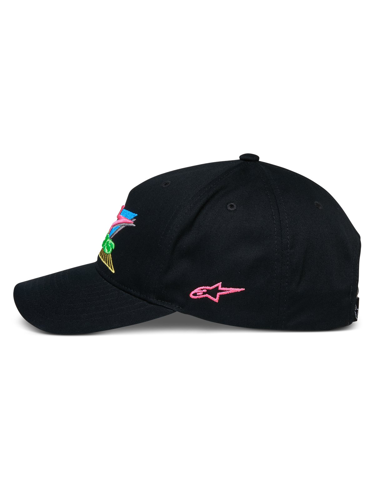 Casquette Alpinestars Vivid, casquette snapback noire, vue de profil avec logo étoile brodé rose et logo 3D coloré à l'avant, visière courbée, streetwear décontracté inspiré du sport automobile