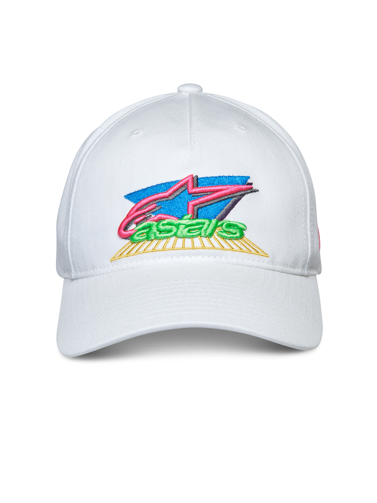 Casquette Alpinestars Vivid, blanche, casquette snapback à visière courbée, broderie de logo colorée en 3D et à plat sur le devant, vêtement de sport décontracté
