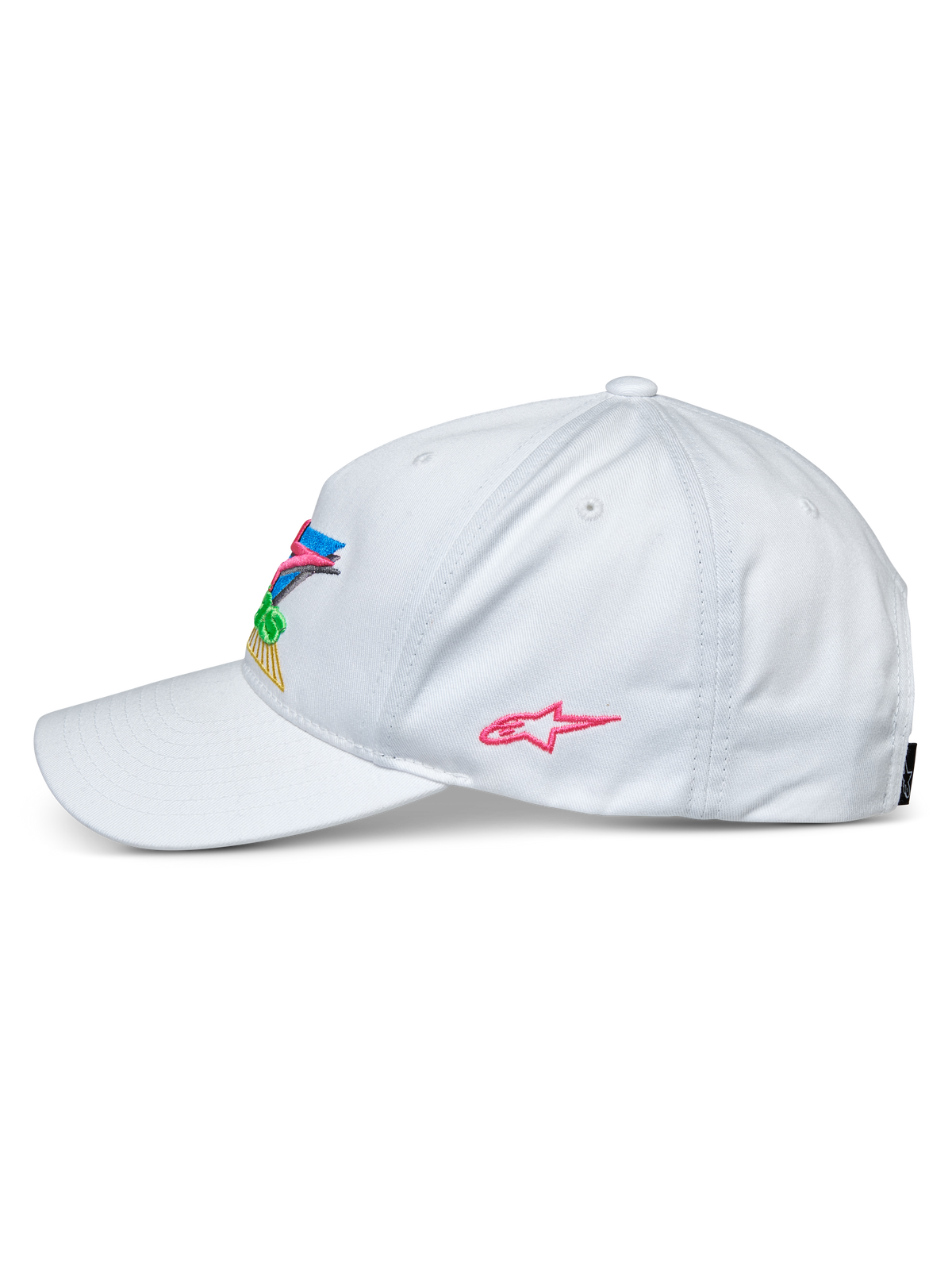 Casquette Alpinestars Vivid, blanche, vue de profil d'une casquette de baseball, visière courbée et couronne basse semi-structurée, avec broderie 3D colorée sur le devant et logo étoile rose sur le côté, accessoire sportswear décontracté