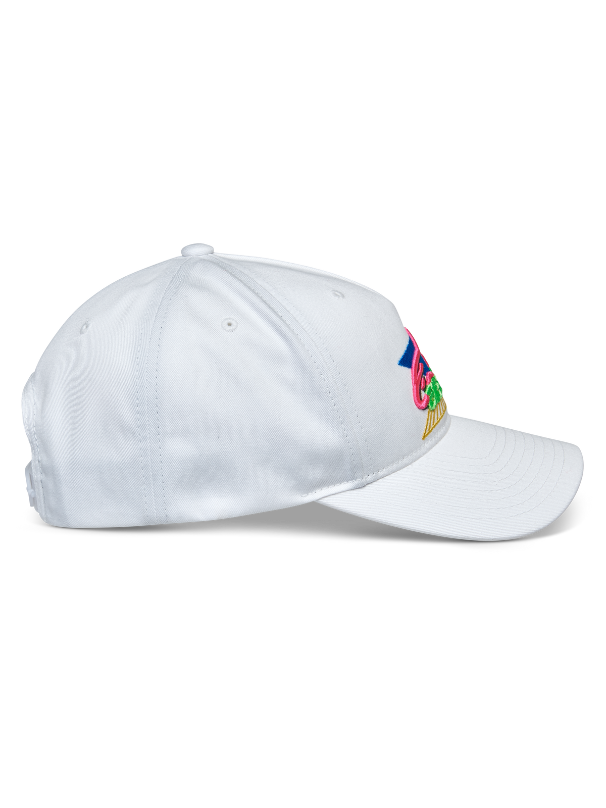 Casquette Alpinestars Vivid, blanche, vue de profil, casquette de baseball semi-structurée à couronne basse avec visière courbée, tissu en sergé de coton, broderie multicolore vive sur le devant, accessoire sportswear décontracté
