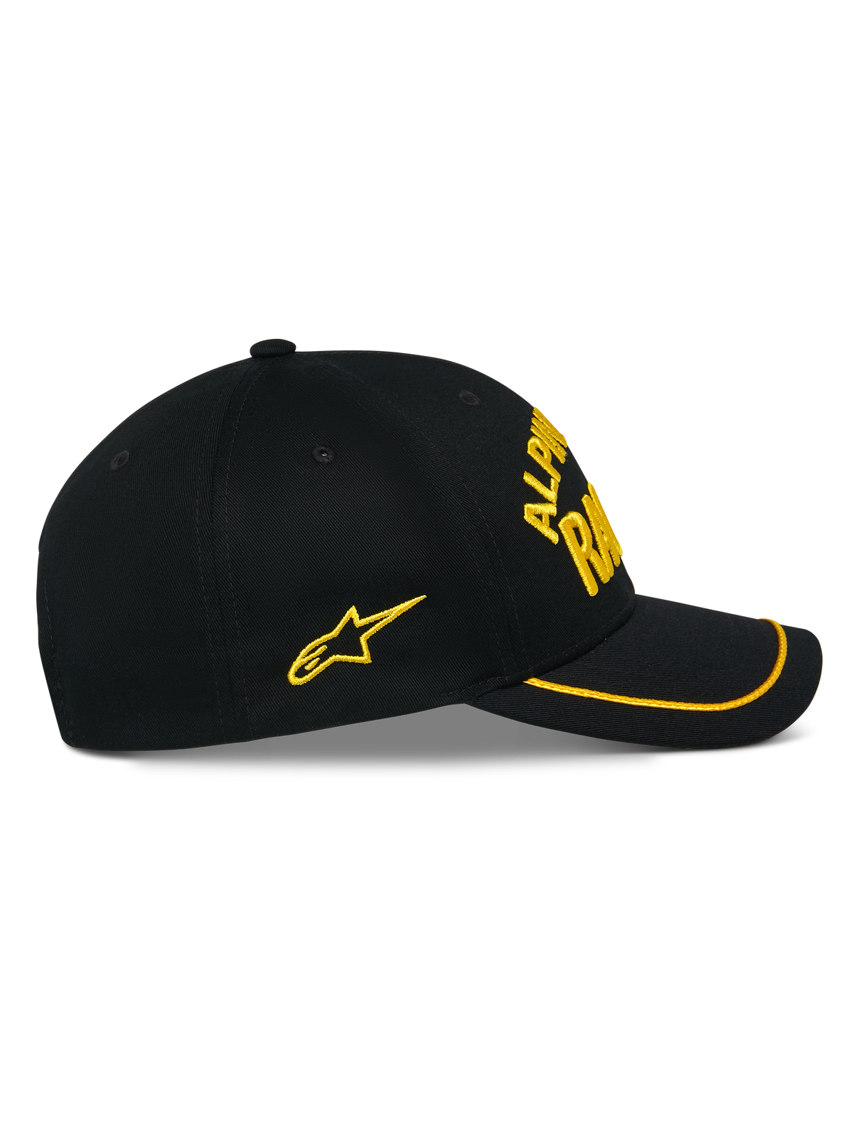 Casquette Alpinestars Luminary, casquette snapback noire, vue de profil, visière incurvée avec finition sutache jaune, logo brodé en 3D et étoile latérale jaunes, sergé 100 % coton, accessoire décontracté inspiré des sports mécaniques