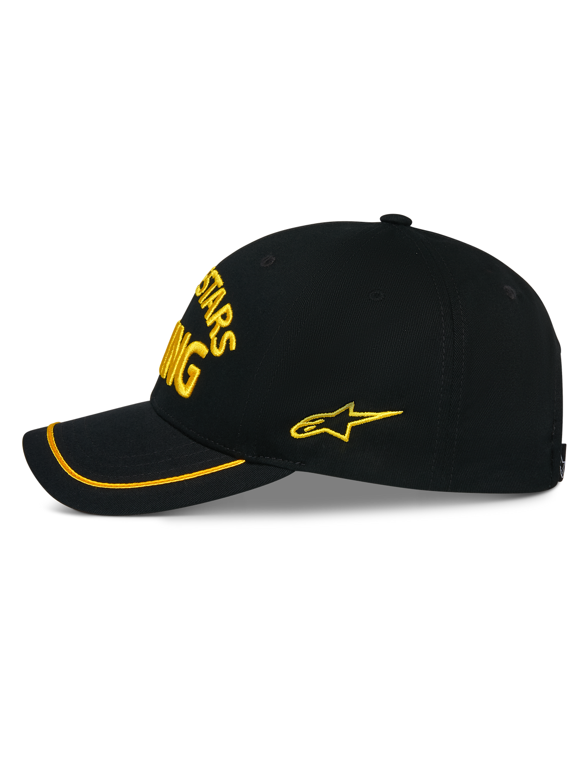 Casquette Luminary Alpinestars, casquette snapback noire vue de profil, broderie 3D jaune sur le devant et le côté, visière incurvée avec finition sutache jaune, construction en sergé de coton structuré