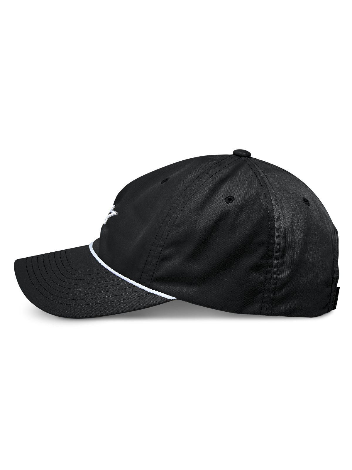 Casquette Alpinestars Tyler, casquette de baseball snapback noire, vue de profil, avec visière courbée et garniture en corde tressée blanche, couronne basse non structurée, fabriquée en sergé recyclé, design décontracté inspiré du motorsport