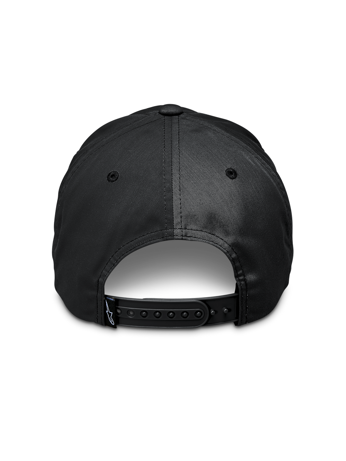 Casquette Alpinestars Tyler, noire, vue arrière montrant la fermeture à pression ajustable, petite étiquette avec logo sur la sangle, sergé de polyester recyclé, accessoire sportswear décontracté