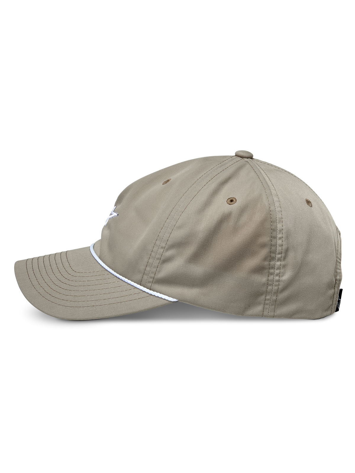 Alpinestars Tyler Hat, Khaki, Side profile showing curved bill and white braided rope trim, unstructured low crown cap, casual sportswear.