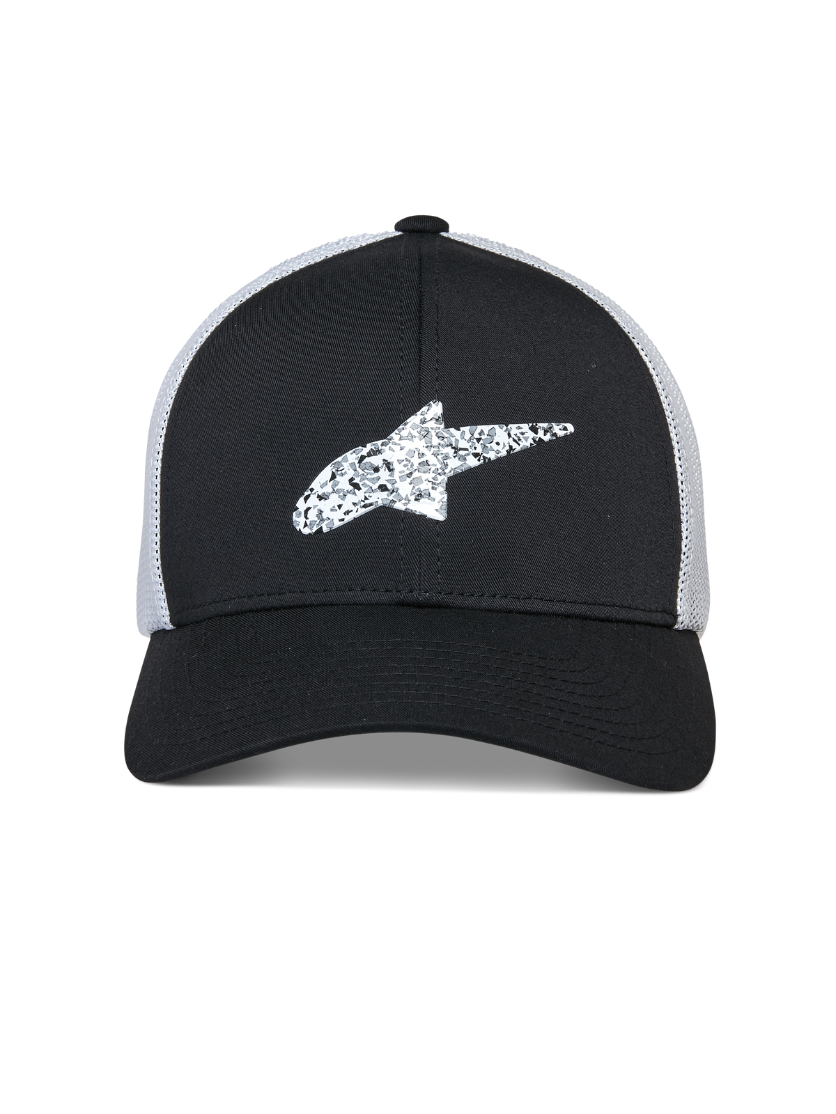 Casquette Trucker Alpinestars Terolithic, casquette Sportswear, noire avec arrière en filet blanc, logo étoile Alpinestars blanc texturé sur le devant, visière courbée et couronne basse structurée
