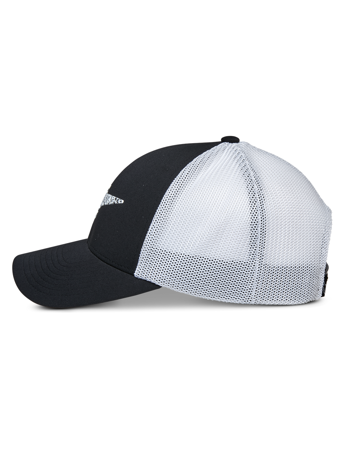 Casquette Trucker Alpinestars Terolithic, vue de profil, panneaux avant noirs et visière courbée avec panneaux arrière en filet blanc, casquette snapback décontractée