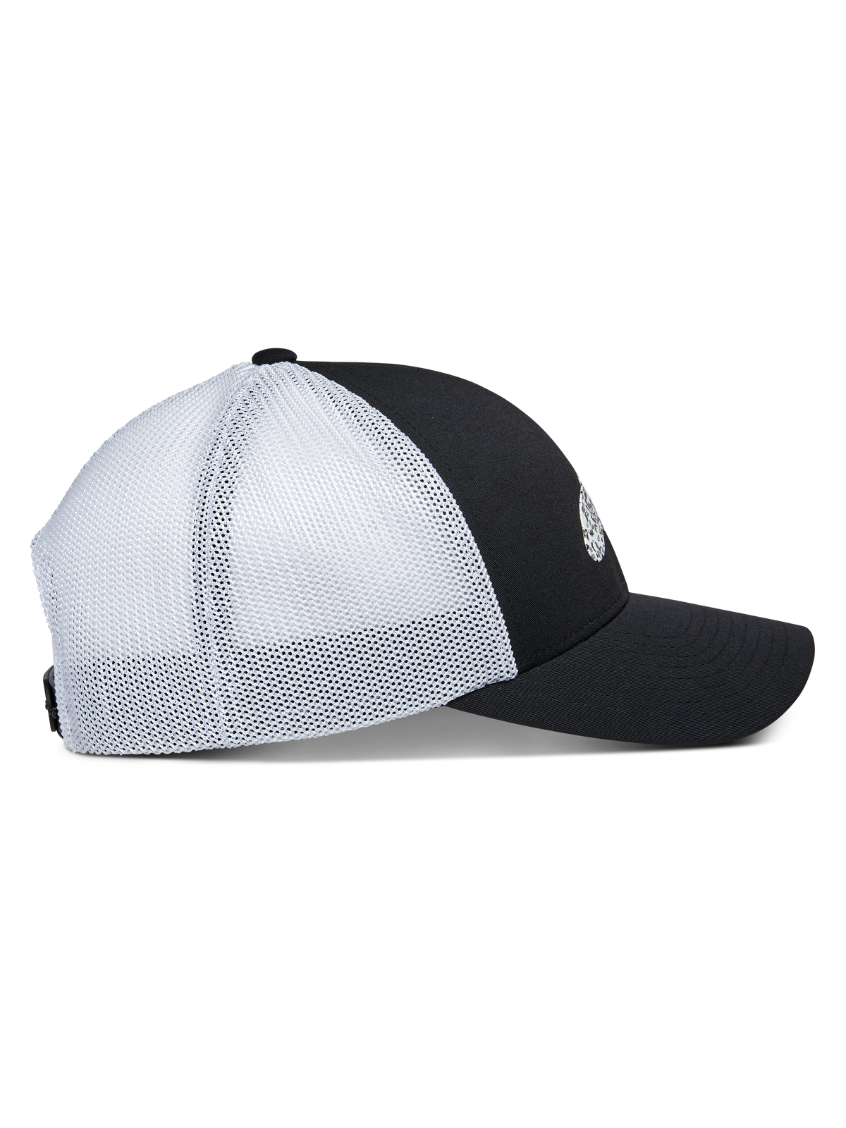 Casquette Trucker Terolithic Alpinestars, vue de côté, panneau avant noir avec visière courbée, panneaux arrière en mesh blanc, couronne basse structurée, couvre-chef de style trucker classique