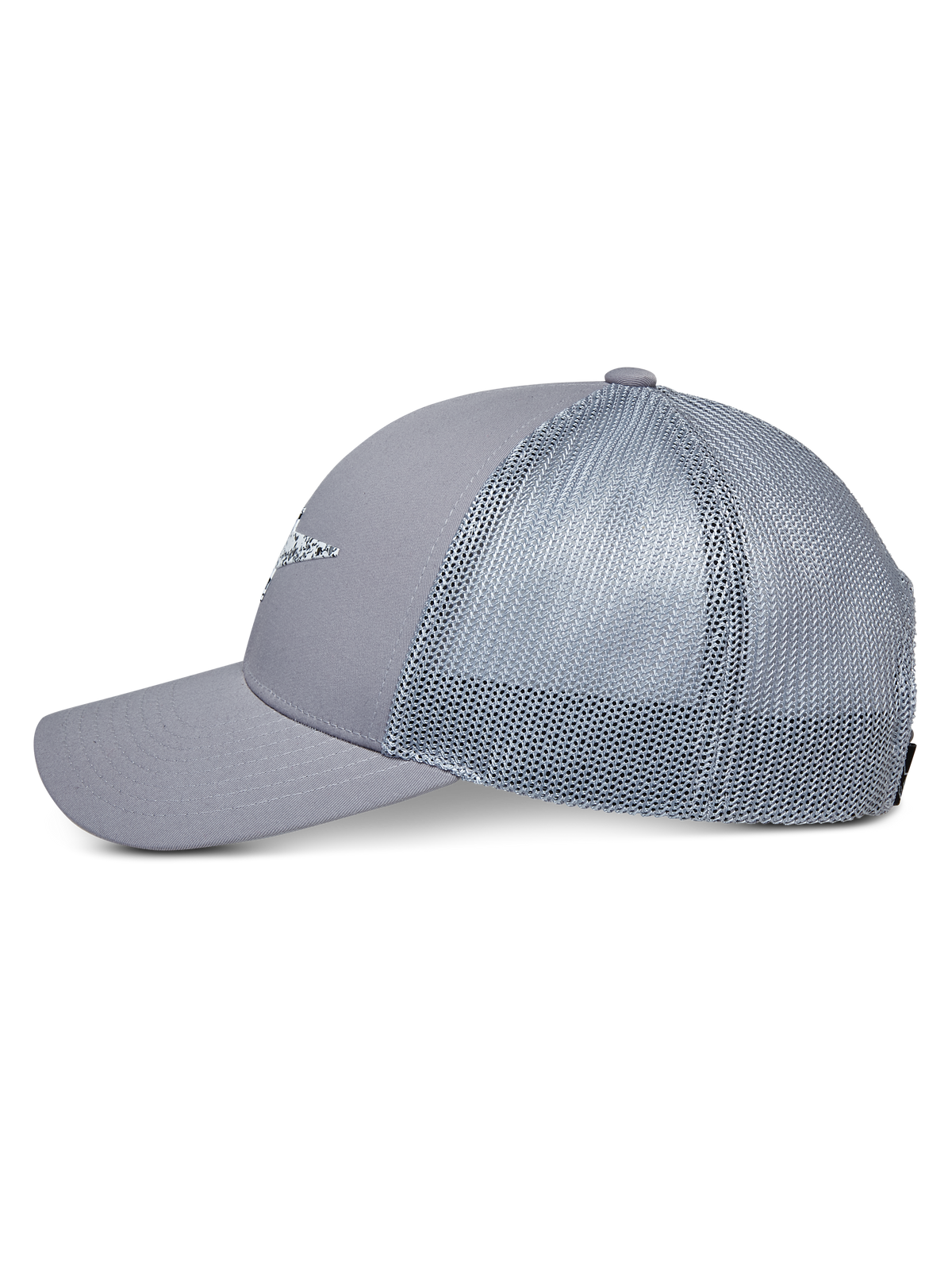 Casquette Trucker Terolithic Alpinestars, grise, casquette trucker avec arrière en filet et visière courbée, vue de profil, couronne basse structurée avec détail du logo à l'avant, couvre-chef décontracté inspiré par le sport automobile
