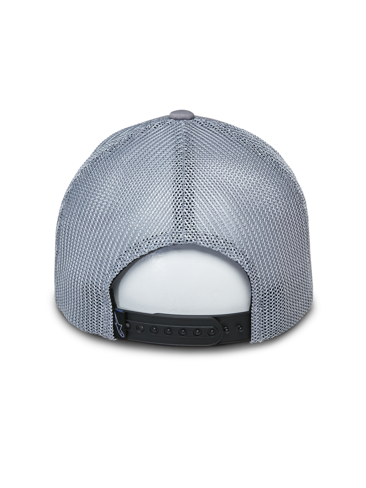 Casquette Trucker Alpinestars Terolithic, casquette trucker grise, vue arrière avec panneaux en maille grise et fermeture à pression noire, accessoire décontracté inspiré du sport automobile