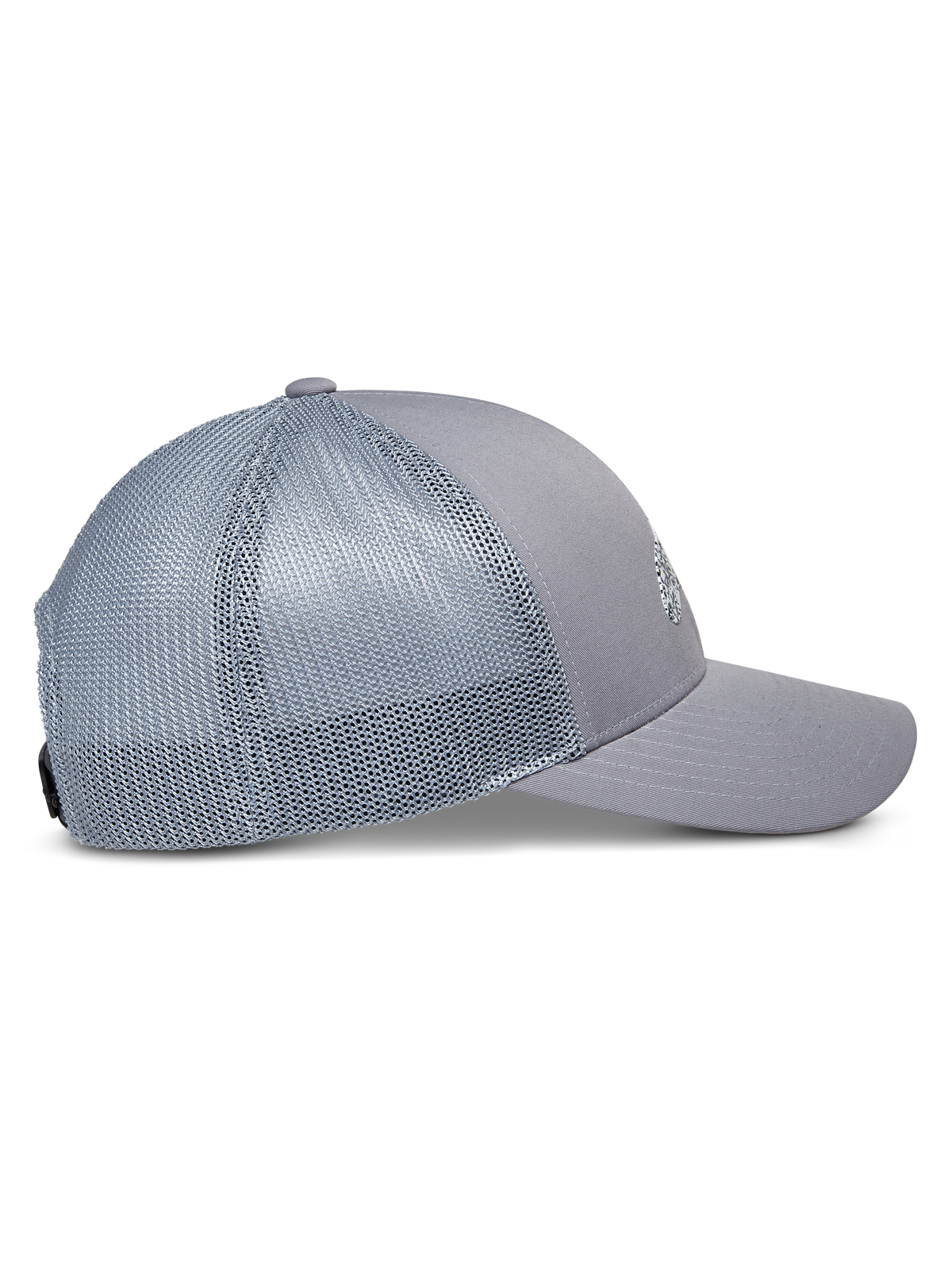 Casquette Trucker Alpinestars Terolithic, gris, vue de profil avec visière courbée et panneaux arrière en mesh, couronne basse structurée, sportswear décontracté