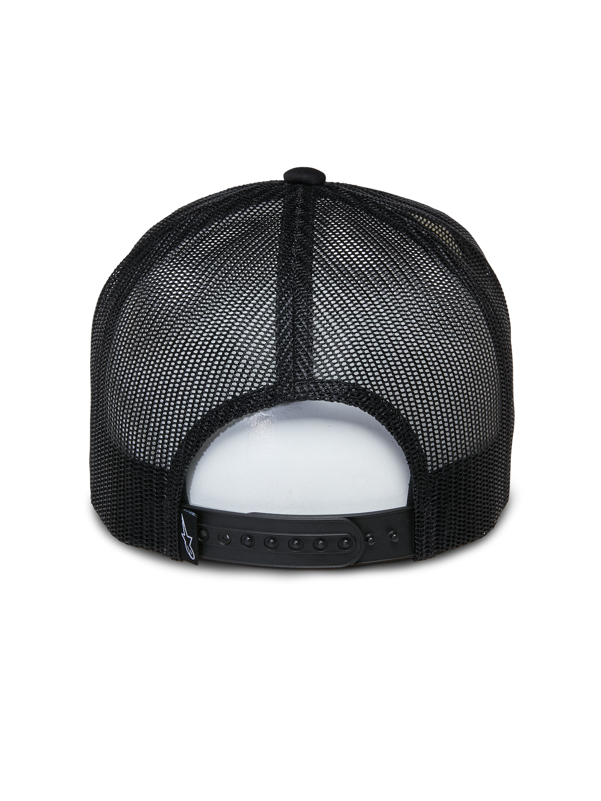Casquette Trucker Ayess Alpinestars, casquette sportswear décontractée, blanc et noir, vue arrière avec panneaux en mesh noir respirant et fermeture snapback ajustable, design trucker classique à couronne en mousse