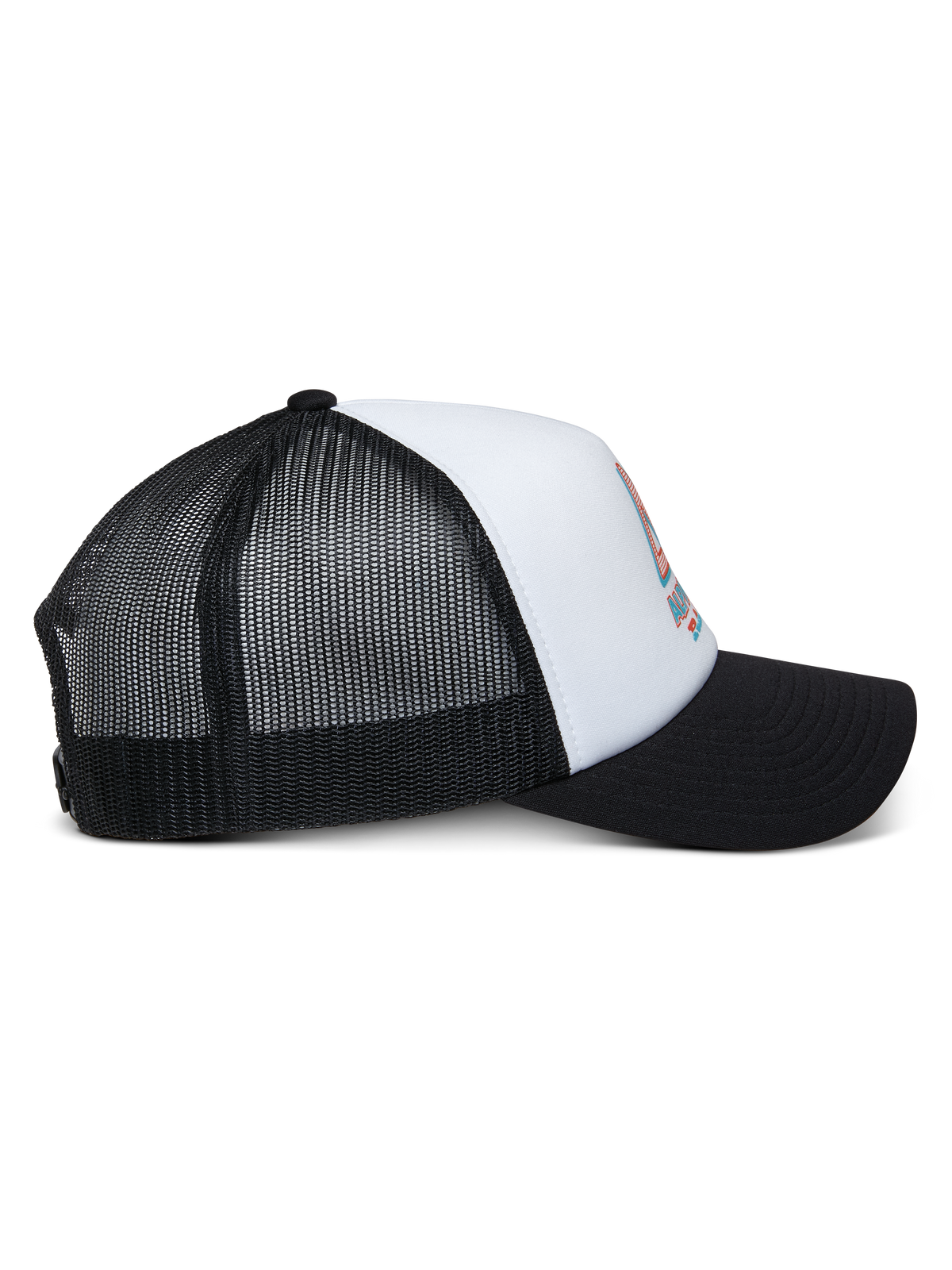 Casquette Trucker Ayess Alpinestars, blanc et noir, vue de profil avec visière noire courbée, couronne en mousse blanche avec logo imprimé à l'avant et arrière en maille noire respirante, accessoire motorsport décontracté