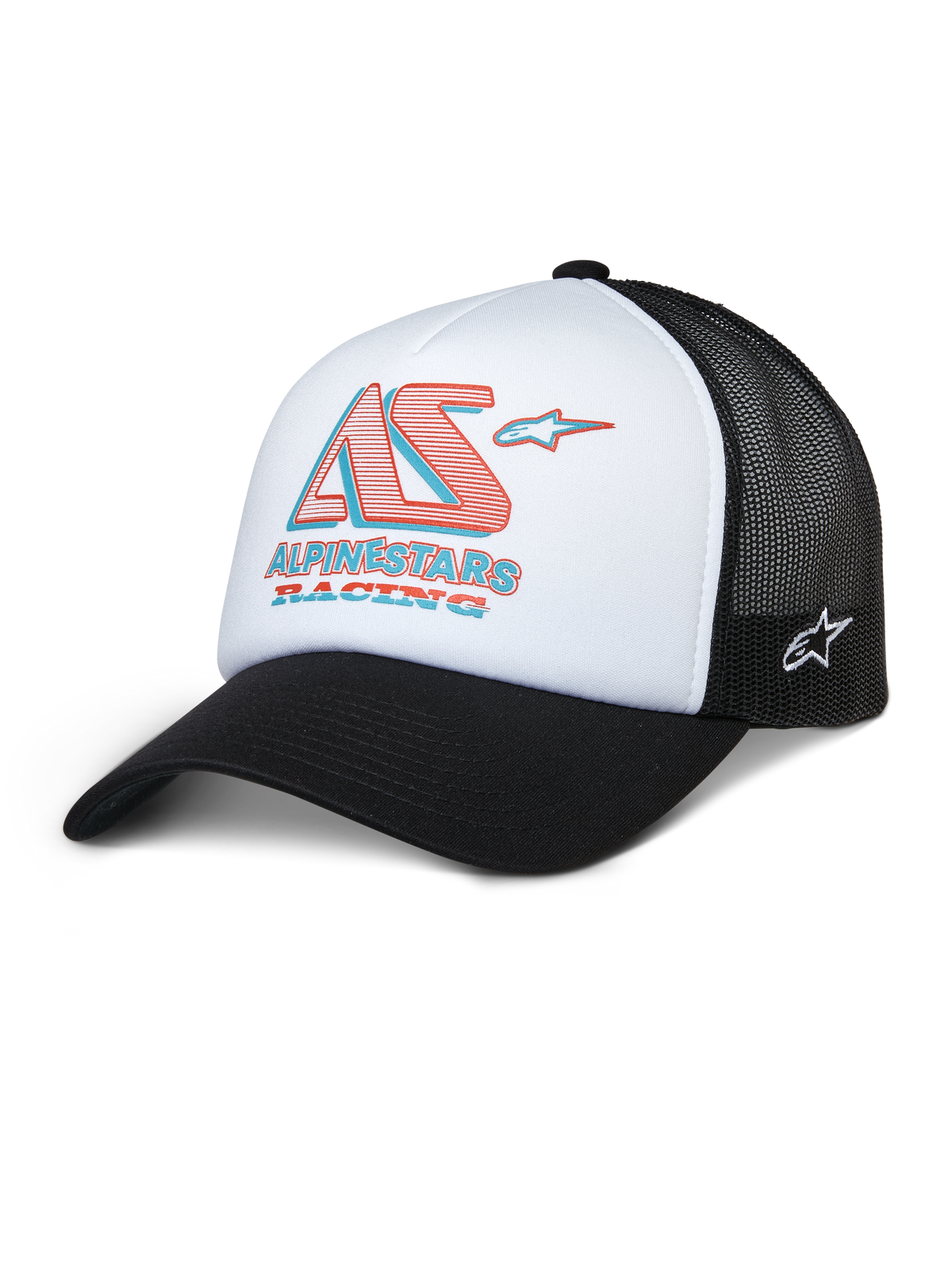 Alpinestars Ayess Trucker Hat, casquette en mesh blanche et noire avec logo AS Racing rouge et bleu, visière courbée, couvre-chef sportif décontracté