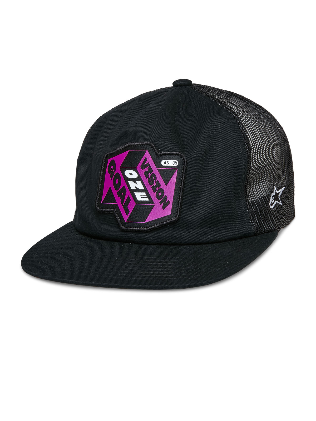 Alpinestars That Way Trucker Hat, Black Mesh-Back Snapback Cap, Flat Bill, Pink and Purple 'Vision One Goal' Patch, White Alpinestars Star Logo, Casual Sportswear