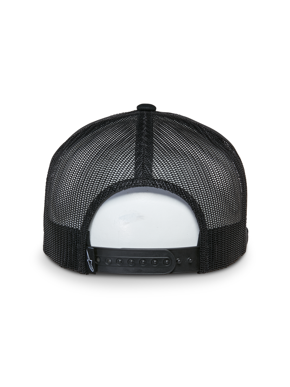 Alpinestars That Way Trucker Hat, back view, black, mesh rear panels with adjustable snapback closure, small woven logo tag, casual motorsport-inspired headwear