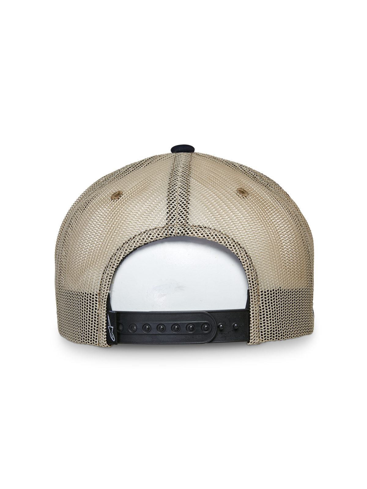 Casquette Trucker Mackinic Alpinestars, casquette trucker, bleu marine et kaki, vue arrière présentant des panneaux en maille beige et une fermeture snapback noire réglable, accessoire lifestyle décontracté