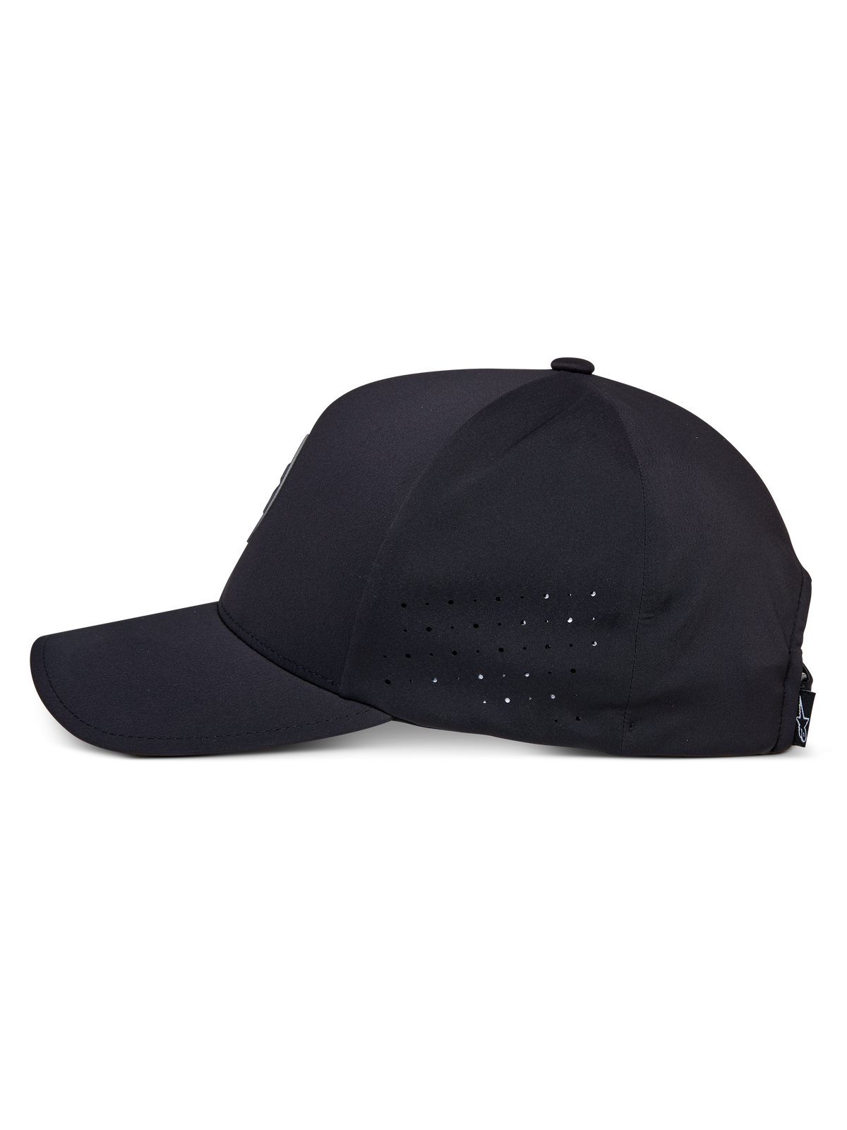 Alpinestars Apex Hat, Black, side profile view, curved bill with structured crown, side panel perforations for breathability, moisture-wicking technical fabric, casual performance sportswear