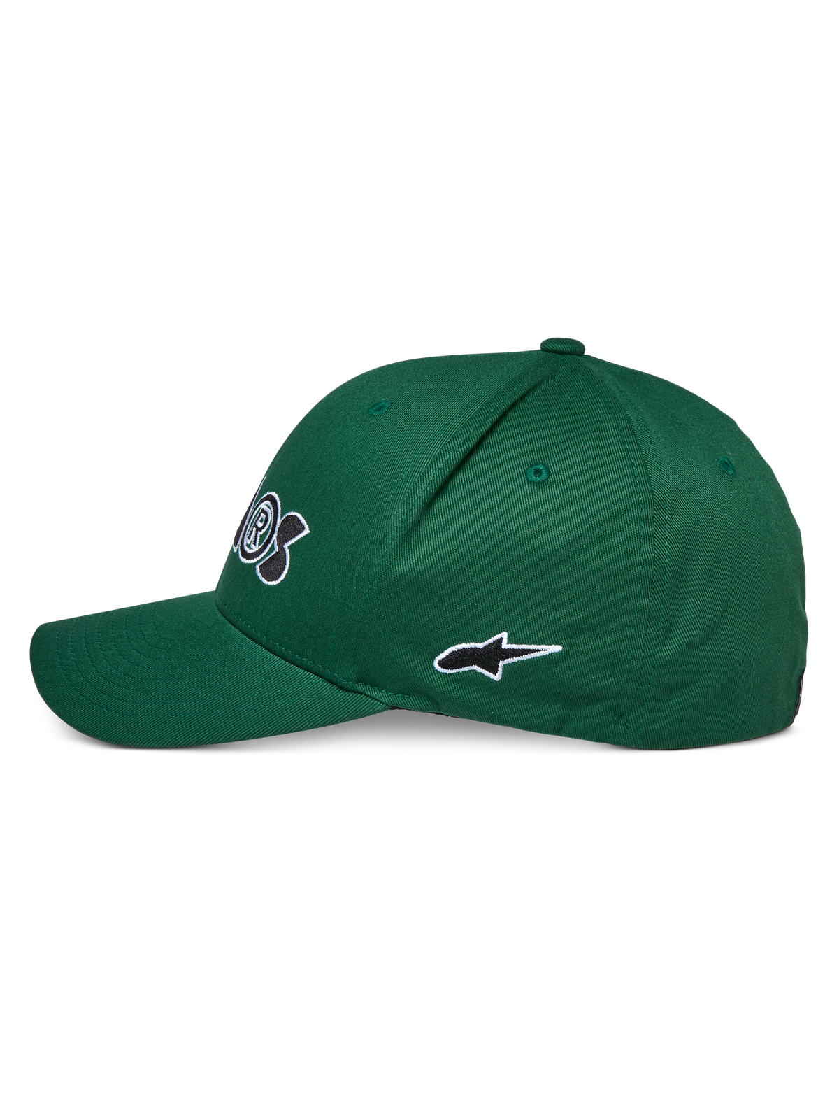 Casquette Alpinestars Cereal, verte, vue de profil, avec visière courbée et logo étoile brodé noir et blanc, accessoire sportswear décontracté