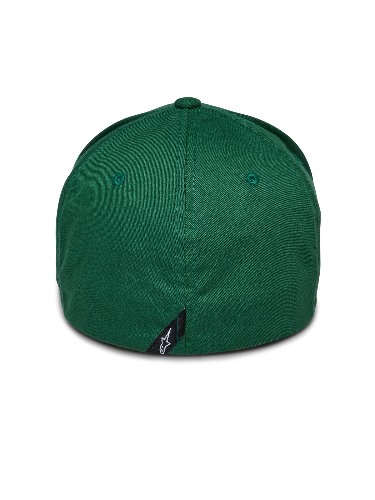 Casquette Cereal Alpinestars, verte, vue arrière de la casquette de baseball à dos flexible, avec une petite étiquette noire logo Alpinestars sur la couture arrière, couronne structurée en tissu sergé extensible