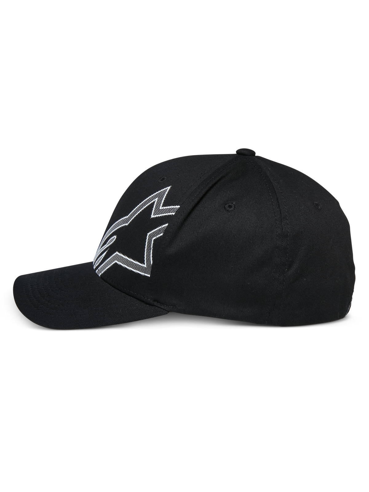 Casquette Alpinestars Share, casquette de baseball noire, vue de profil, avec un grand logo Astars blanc détouré, visière incurvée, couronne structurée, couvre-chef décontracté inspiré des sports mécaniques