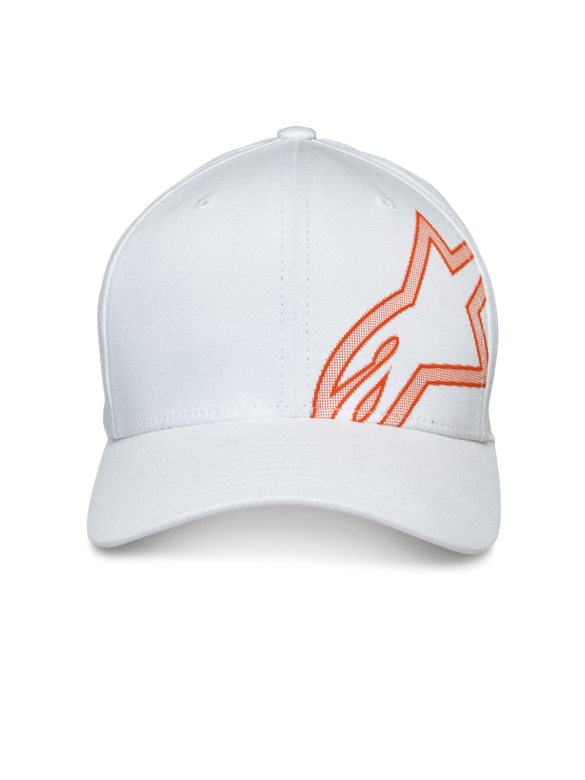 Casquette Alpinestars Share, casquette de baseball, blanche, avec un grand logo Astars orange en impression HD en relief sur le côté, visière incurvée et couronne structurée, couvre-chef motorsport décontracté