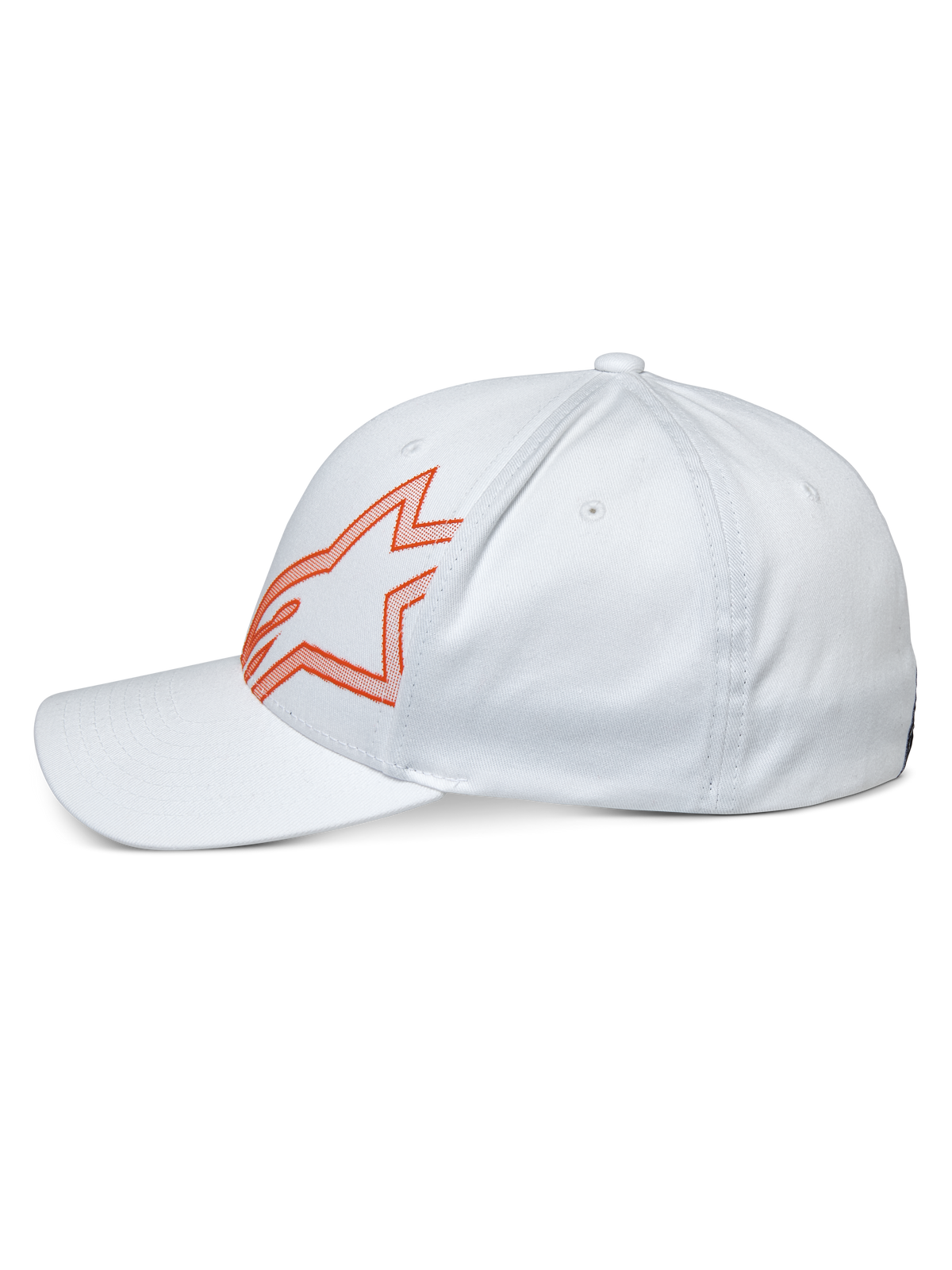 Casquette Share Alpinestars, casquette blanche décontractée, profil latéral avec logo Astars aux contours orange, visière incurvée et couronne structurée, streetwear inspiré du motorsport