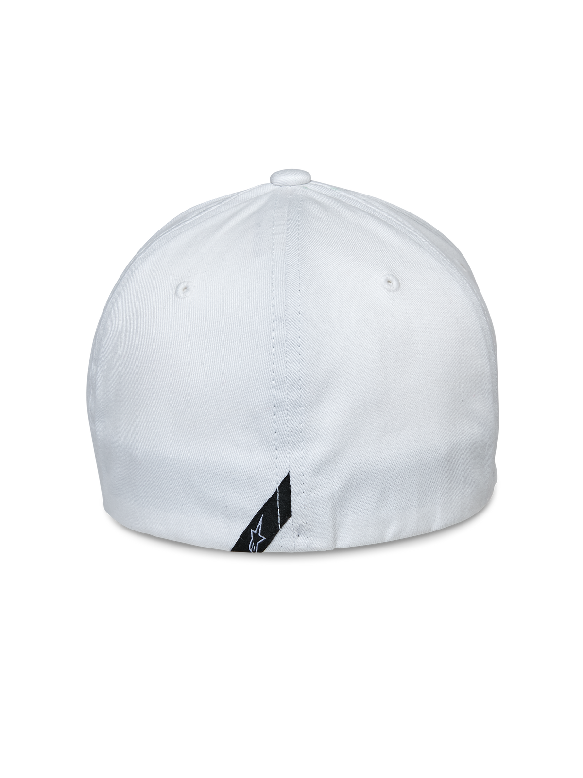 Casquette Alpinestars Share, vue de dos, casquette de baseball blanche à dos flexible, tissu en sergé extensible, dotée d'une petite étiquette logo noire sur le bord inférieur, accessoire sportswear décontracté