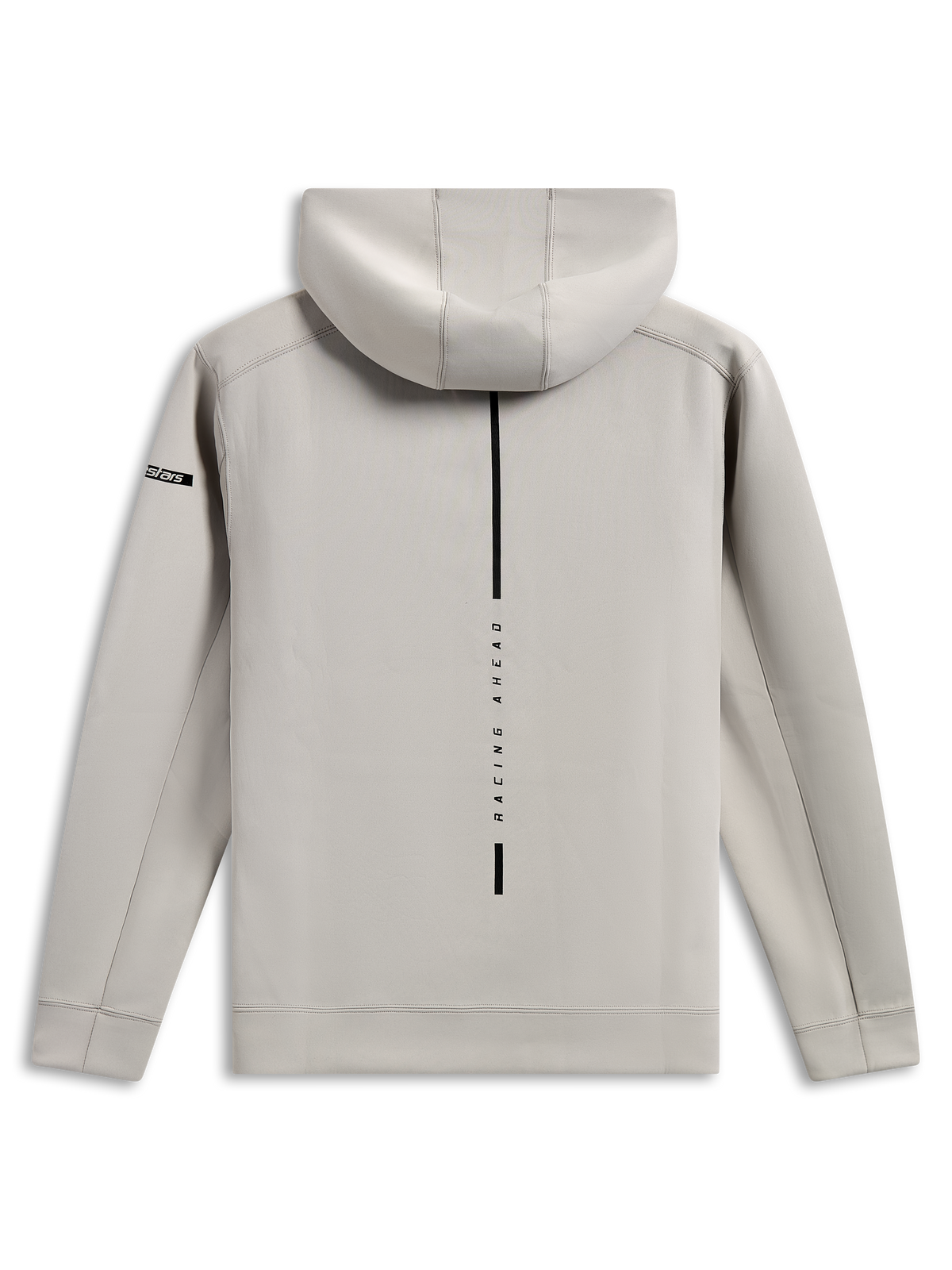 Sweat à capuche Insight Alpinestars, vue arrière du pull gris ciment, avec une bande noire verticale et le texte 'RACING AHEAD', petit logo Astars sur la manche, polaire double face tri-mélange lisse, streetwear décontracté au style sport automobile