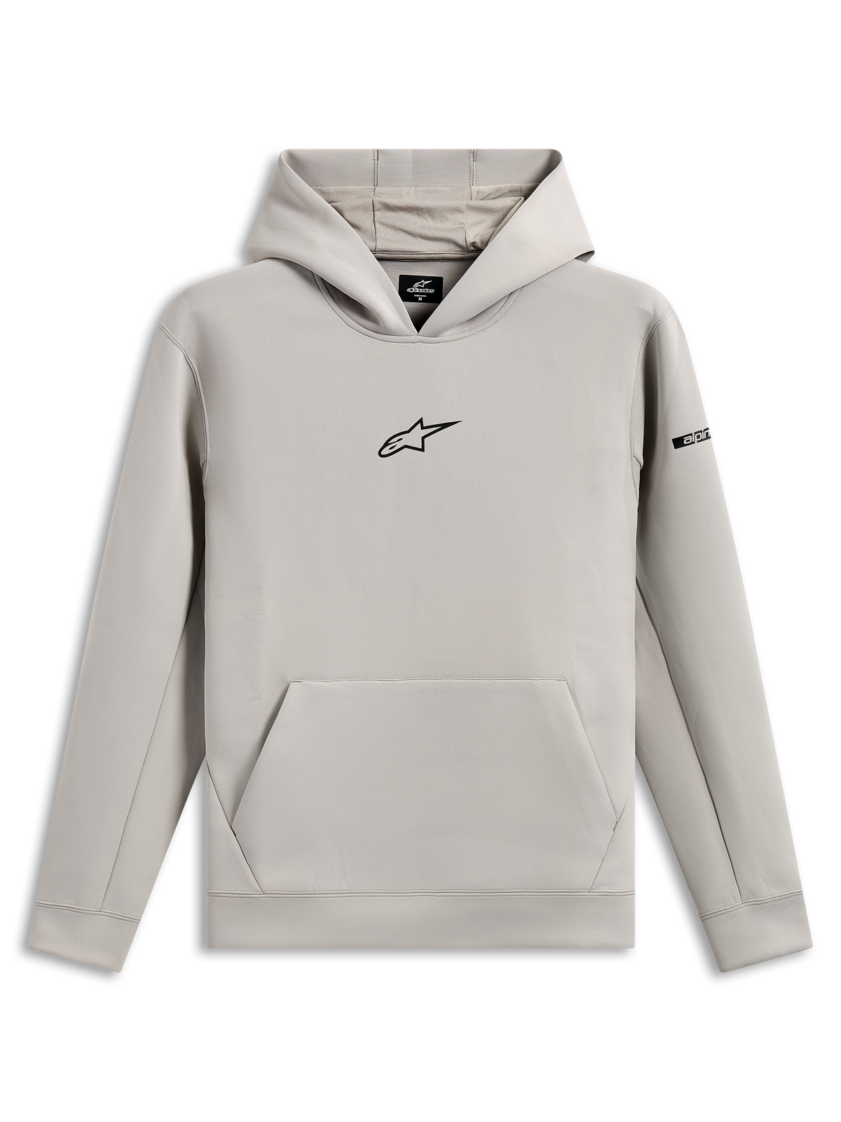 Sweat à capuche Alpinestars Insight, sportswear décontracté, gris ciment avec logo Astars noir sur la poitrine, poche kangourou, capuche doublée en mesh, manches longues, design moderne inspiré du sport automobile