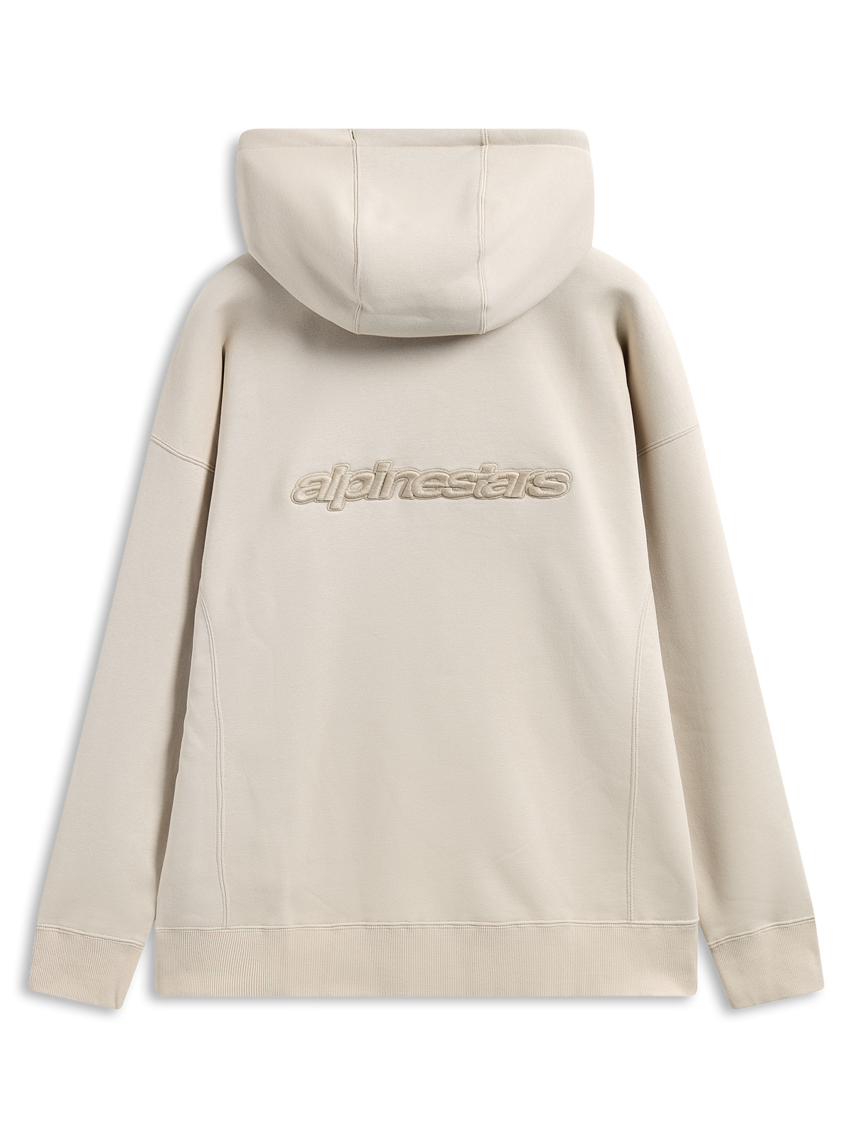Sweat à capuche Alpinestars Emergent Oversized, vue de dos, sable, logo Alpinestars brodé en 3D au centre du dos, coupe oversize avec poignets et ourlet côtelés, streetwear décontracté