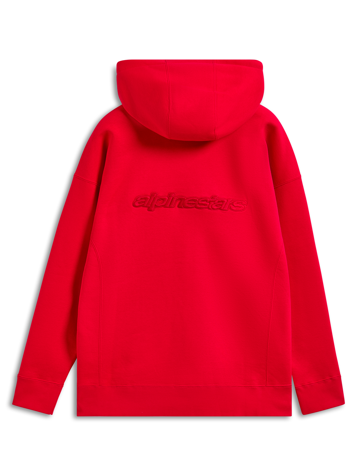 Alpinestars Emergent Oversized Hoodie, rouge, vue de dos avec broderie du logo Alpinestars ton sur ton au dos, coupe ample avec poignets et ourlet côtelés, style streetwear décontracté