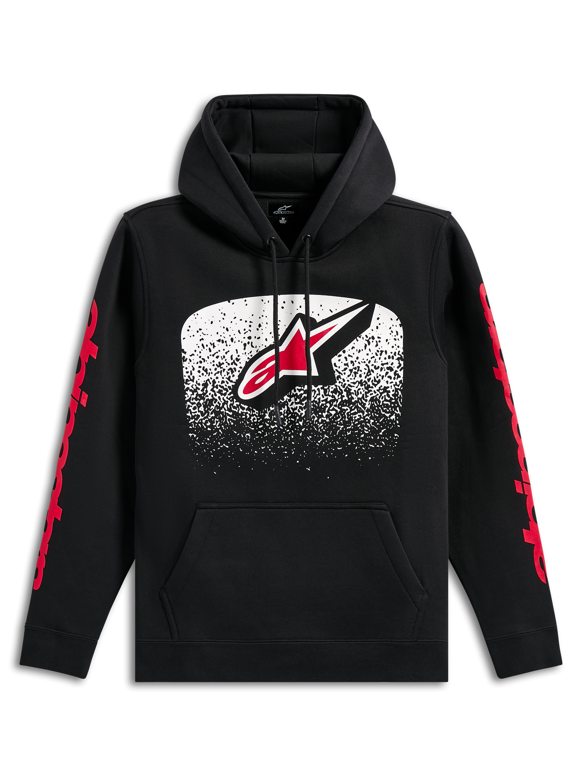 Alpinestars Obsessed Hoodie, Black pullover hoodie, large front Astars logo with white and red MX gradation, red Alpinestars wordmarks on sleeves, drawstring hood and kangaroo pocket, casual motorsport-inspired streetwear