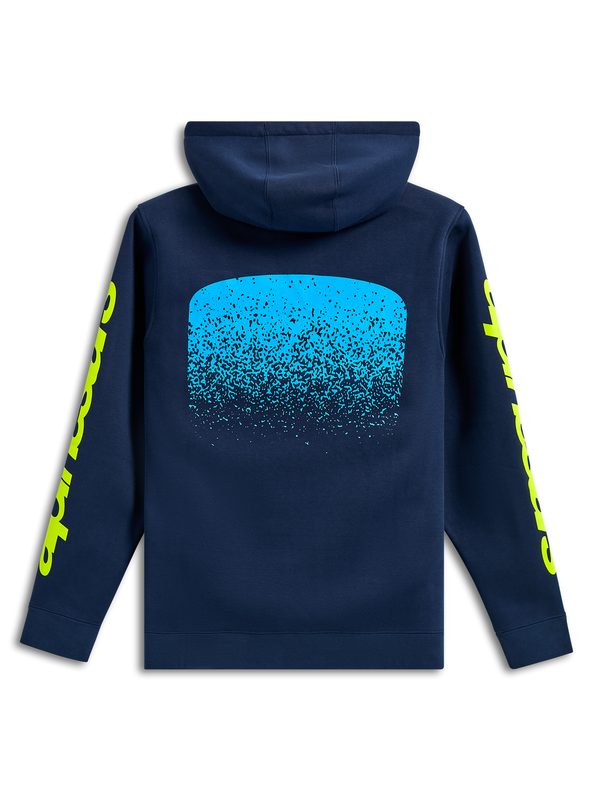 Alpinestars Obsessed Hoodie, vue de dos, bleu marine, graphique dégradé MX bleu clair au dos, logos Alpinestars jaunes sur les manches, streetwear de sport automobile décontracté