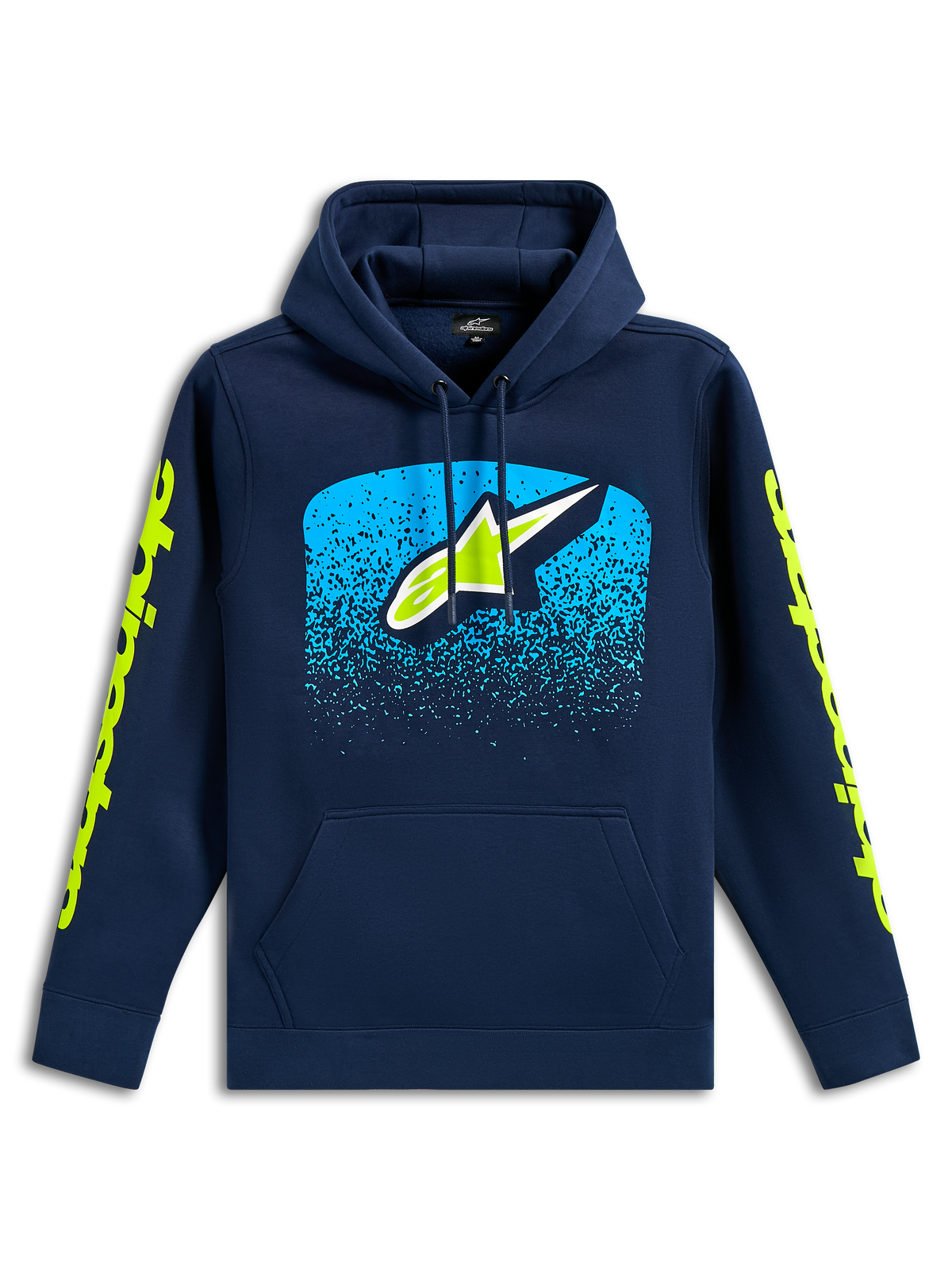 Alpinestars Obsessed Hoodie, sweat à capuche décontracté bleu marine, logo Astars à l'avant avec graphique dégradé MX cyan, logos Alpinestars vert citron sur les manches, capuche à cordon de serrage et poche kangourou, design inspiré du motorsport