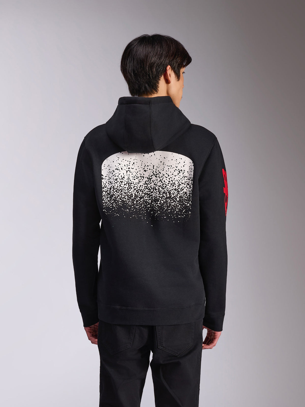 Alpinestars Obsessed Hoodie, back view of black pullover fleece, featuring a large white speckled MX gradation graphic on the back and red Alpinestars word logos on the sleeves, casual motorsport-inspired streetwear