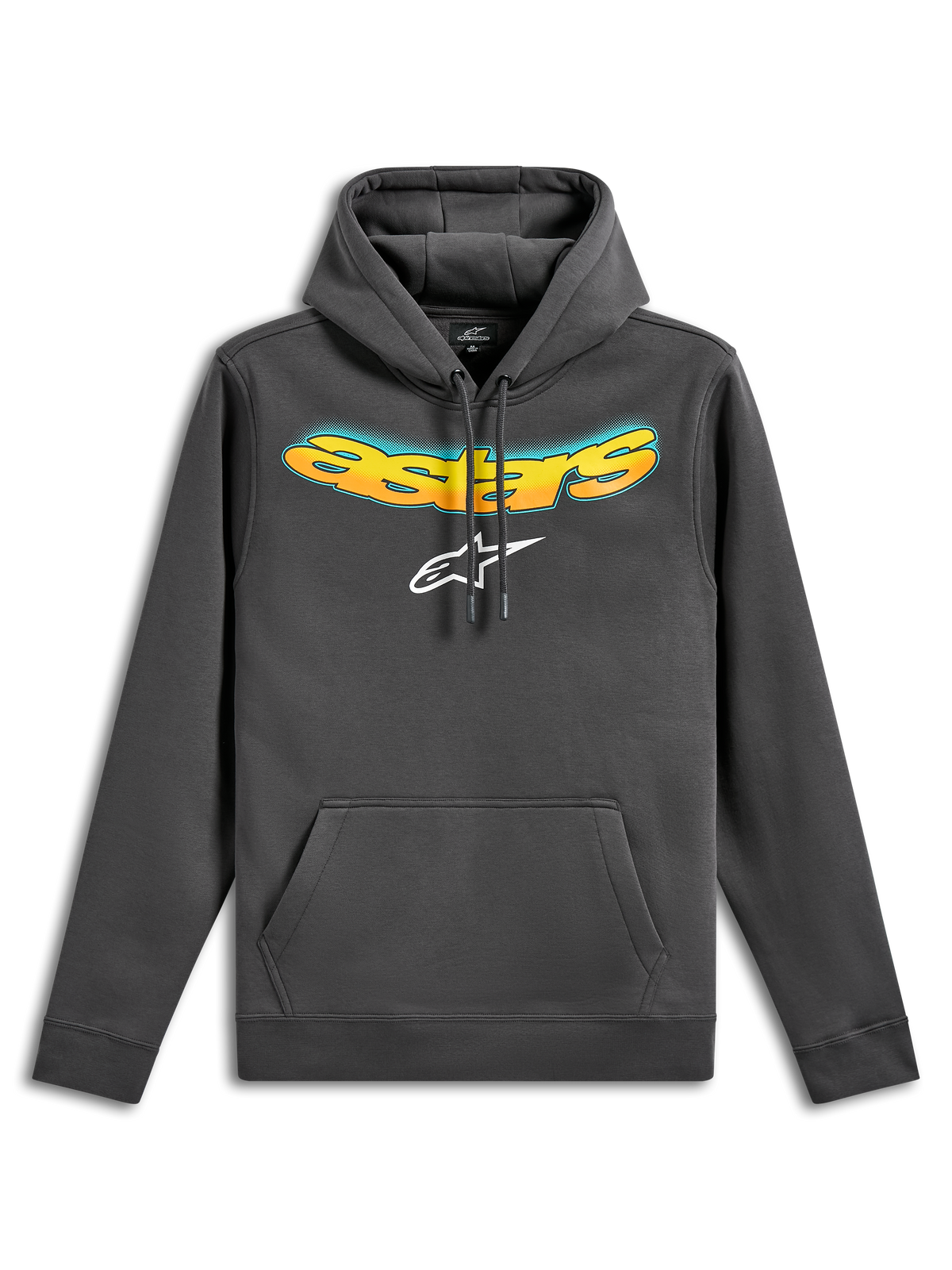 Sweat à capuche Ellipsoid Alpinestars, hoodie en polaire, gris Gunmetal, avec lettrage Astars incurvé en dégradé jaune et orange et logo Astars blanc, poche kangourou à l'avant, vêtement streetwear décontracté inspiré des sports mécaniques