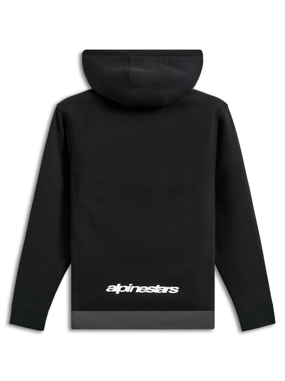 Sweat à capuche Alpinestars Parallel, vue de dos, noir avec un ourlet gris anthracite, logo Alpinestars blanc en bas du dos, vêtement streetwear décontracté inspiré du sport mécanique, manches longues avec poignets côtelés