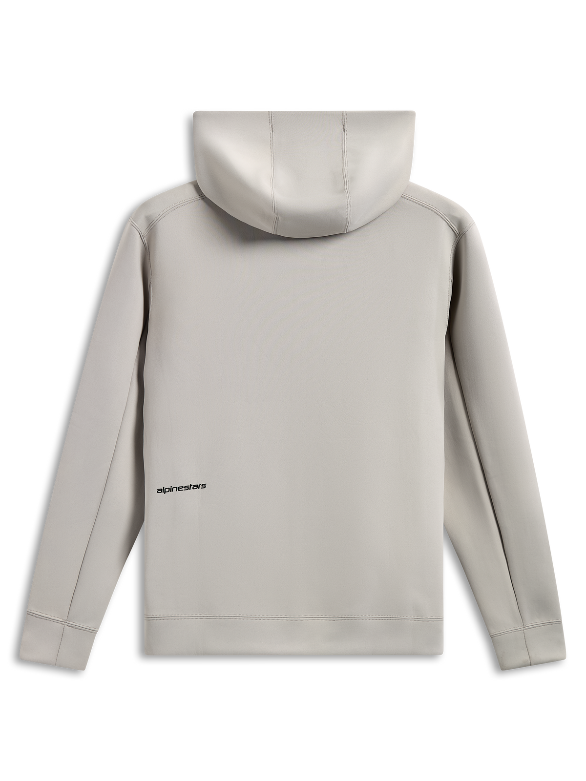 Sweat à capuche Alpinestars Cypher, vue de dos, gris ciment, polaire double face tri-mélange, petit logo Alpinestars noir dans le bas du dos, capuche doublée en mesh, style streetwear décontracté inspiré du sport automobile