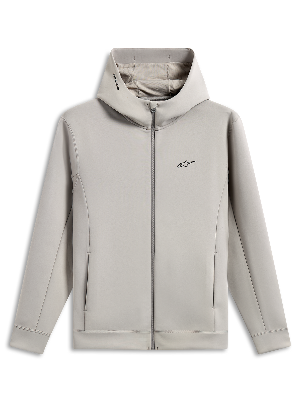 Sweat à capuche Alpinestars Cypher, sweat à capuche zippé en polaire double face, gris ciment, avec un logo Astars noir sur la poitrine, capuche à col haut doublée de mesh avec logo Alpinestars, poches sur les coutures, design sportswear décontracté