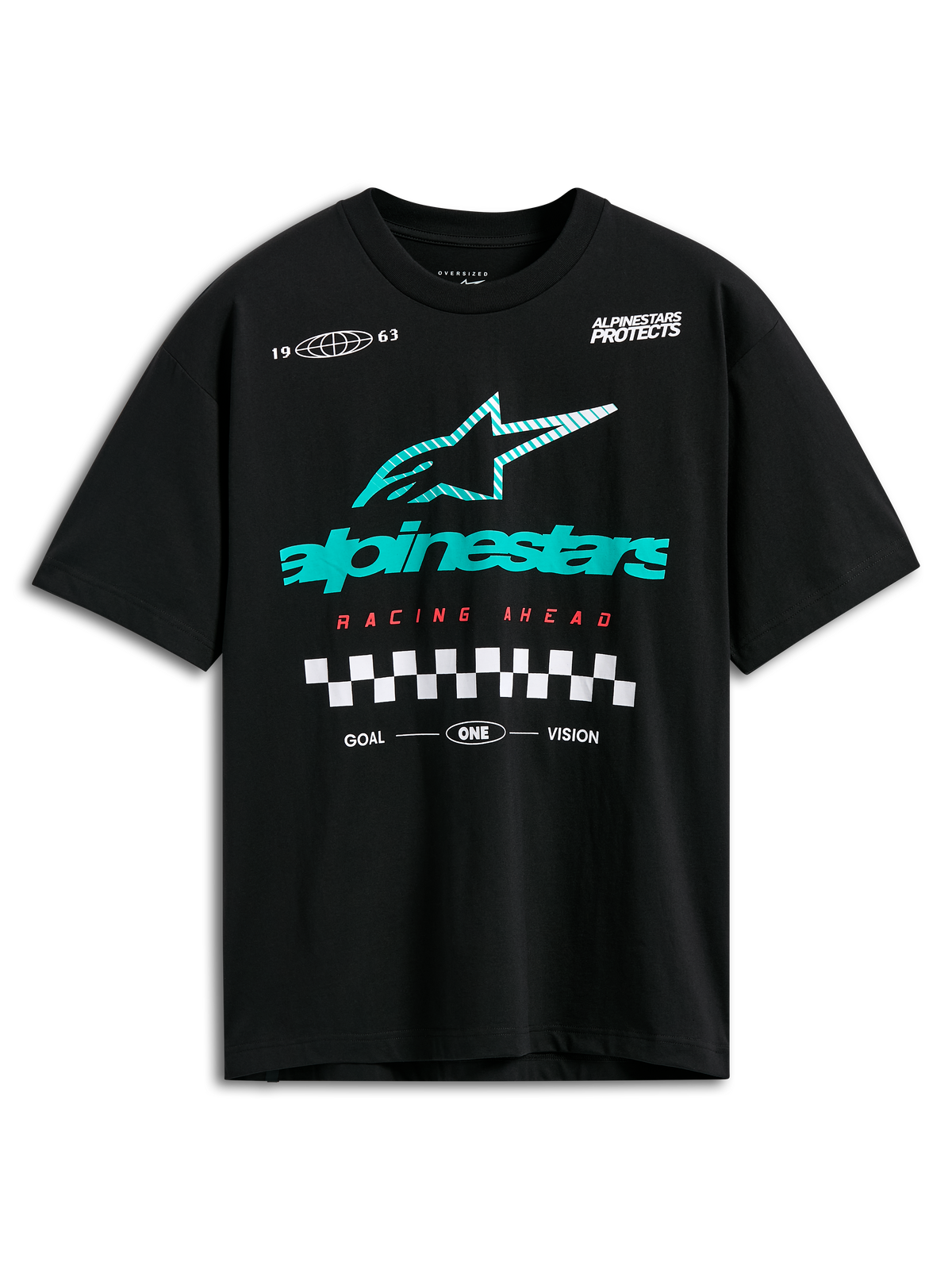 T-shirt Alpinestars Aplomb Oversized CSF, t-shirt à manches courtes, noir, grand logo Astars à rayures bleu sarcelle et blanches, texte Racing Ahead rouge et motif à damier, style streetwear motorsport décontracté