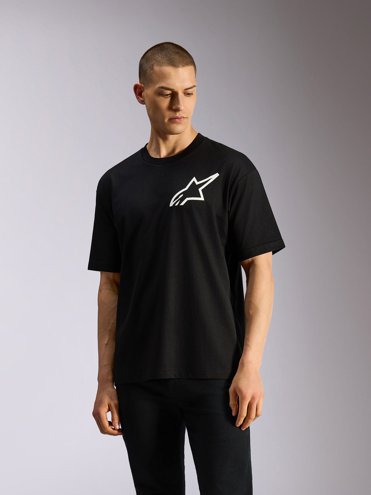 T-shirt Alpinestars One Oversized CSF, t-shirt à manches courtes, noir, logo Astars blanc, coupe surdimensionnée, vêtements de sport décontractés
