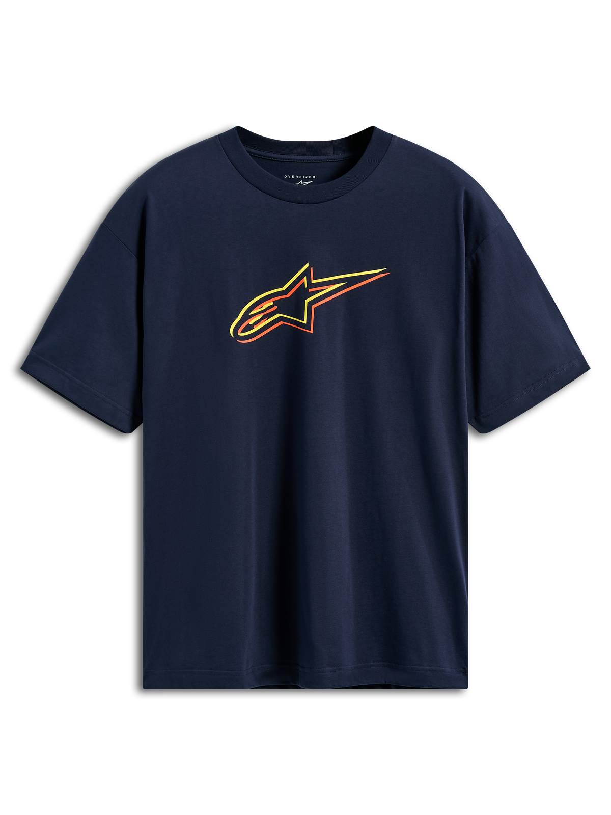 Alpinestars Alter Oversized CSF Tee, t-shirt à manches courtes, bleu marine, logo Astars avec contours en décalage de couleur jaune, orange et rouge, streetwear motorsport décontracté