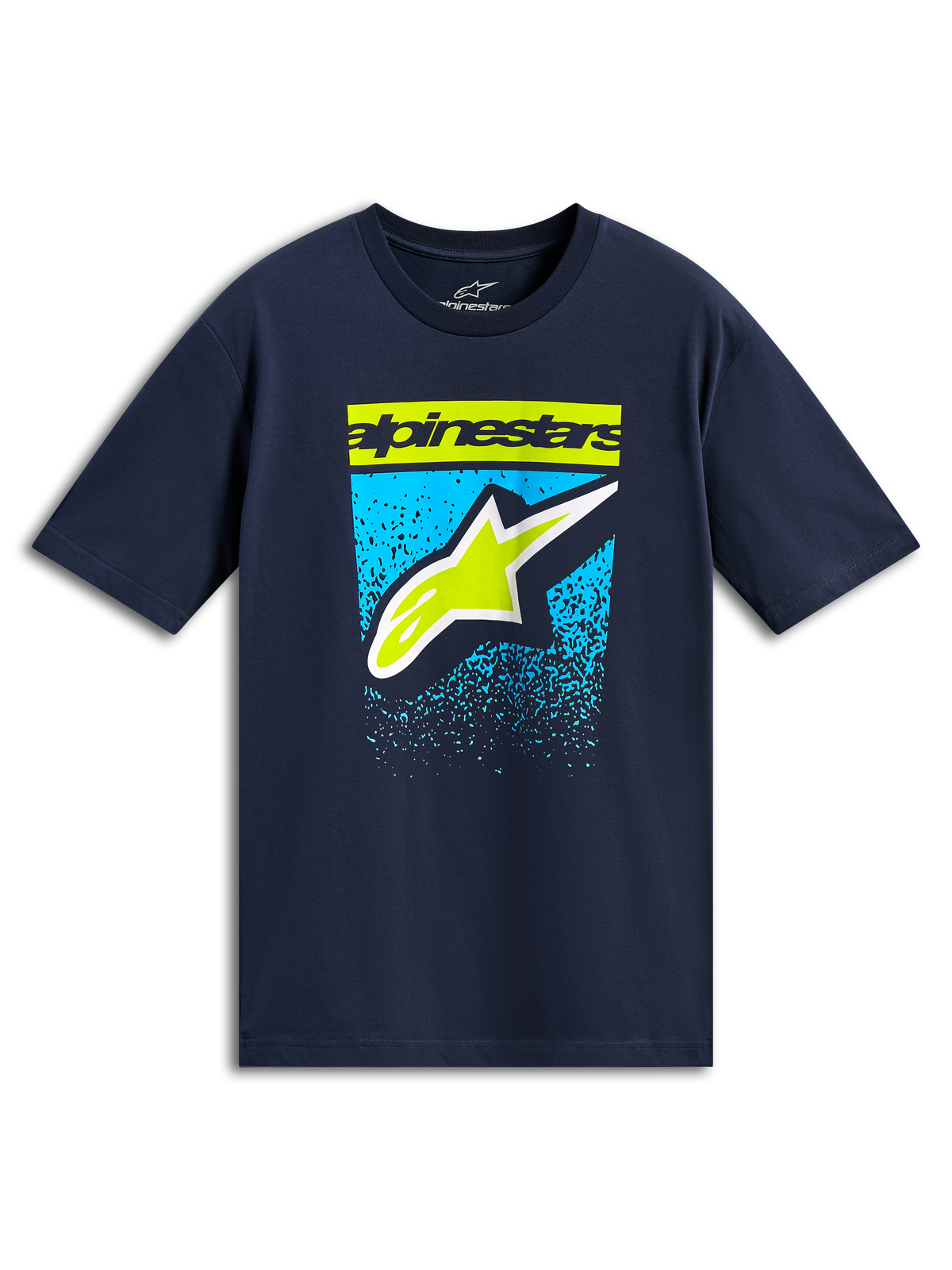 Alpinestars Noka CSF Tee, t-shirt à manches courtes, bleu marine, lettrage et logo Astars vert citron avec graphisme dégradé bleu, streetwear motorsport décontracté